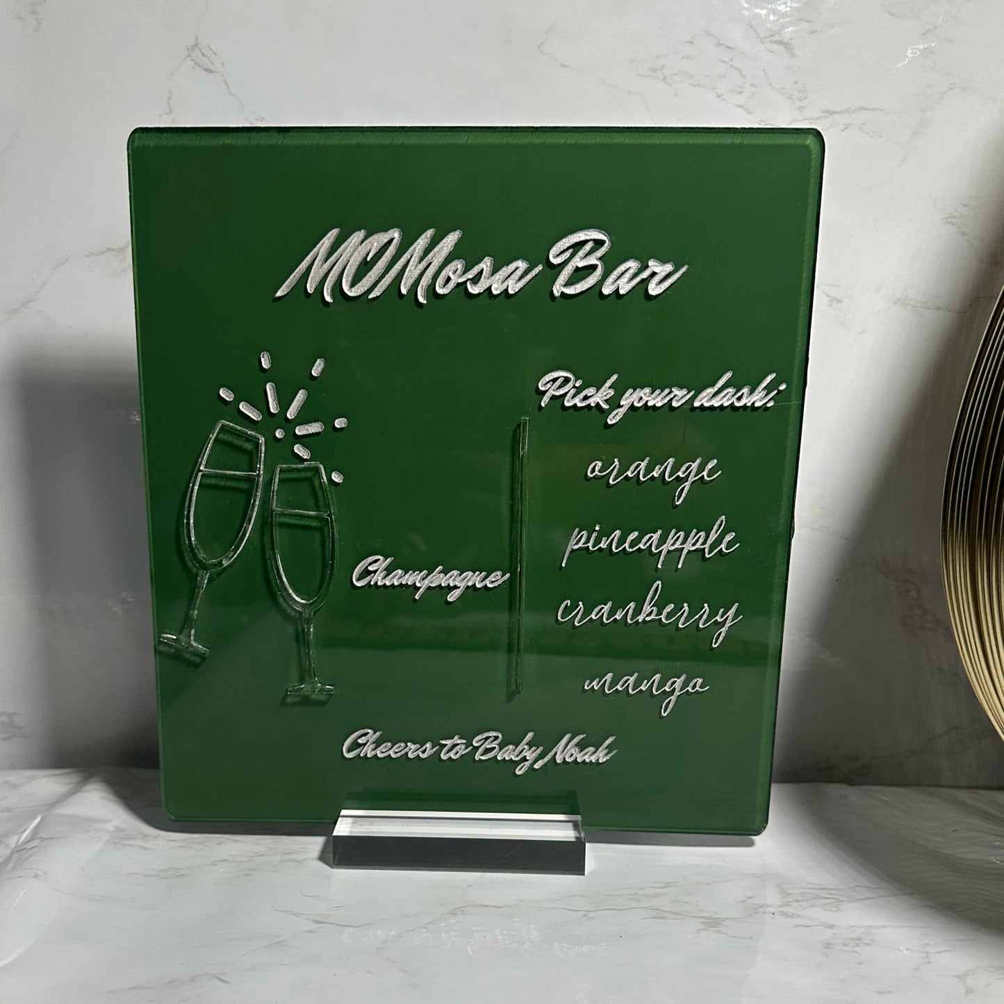 momosa bar, mimosa bar, bar sign, party sign, signature cocktail menu, event decor, mother's day menu, mothers day, acrylic signage for events, atlanta event decor, creative mimosa bar menu, creative baby shower ideas, baby shower ideas, baby shower decor, atlanta event planner, signature cocktail menu