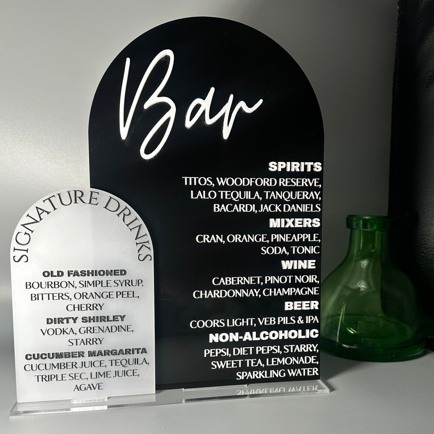 acrylic bar sign, party signage, drink menu, signature cocktail, wedding bar menu, hand painted bar sign, signature drinks, mobile bar sign, mobile bar menu, graduation party, bridal shower decor, party decor, open bar menu, drinks on us, bartender, mobile bartending