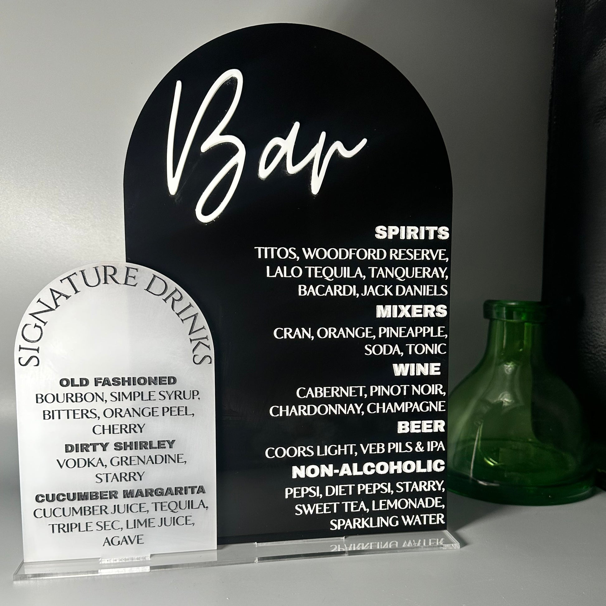 acrylic bar sign, party signage, drink menu, signature cocktail, wedding bar menu, hand painted bar sign, signature drinks, mobile bar sign, mobile bar menu, graduation party, bridal shower decor, party decor, open bar menu, drinks on us, bartender, mobile bartending