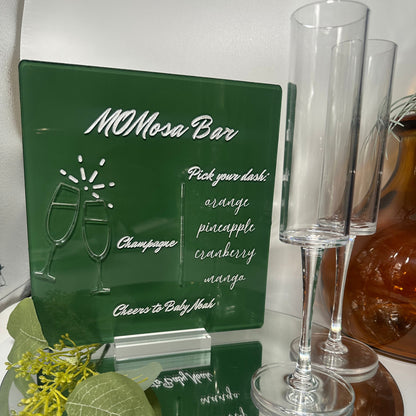 momosa bar, mimosa bar, bar sign, party sign, signature cocktail menu, event decor, mother's day menu, mothers day, acrylic signage for events, atlanta event decor, creative mimosa bar menu, creative baby shower ideas, baby shower ideas, baby shower decor, atlanta event planner, 