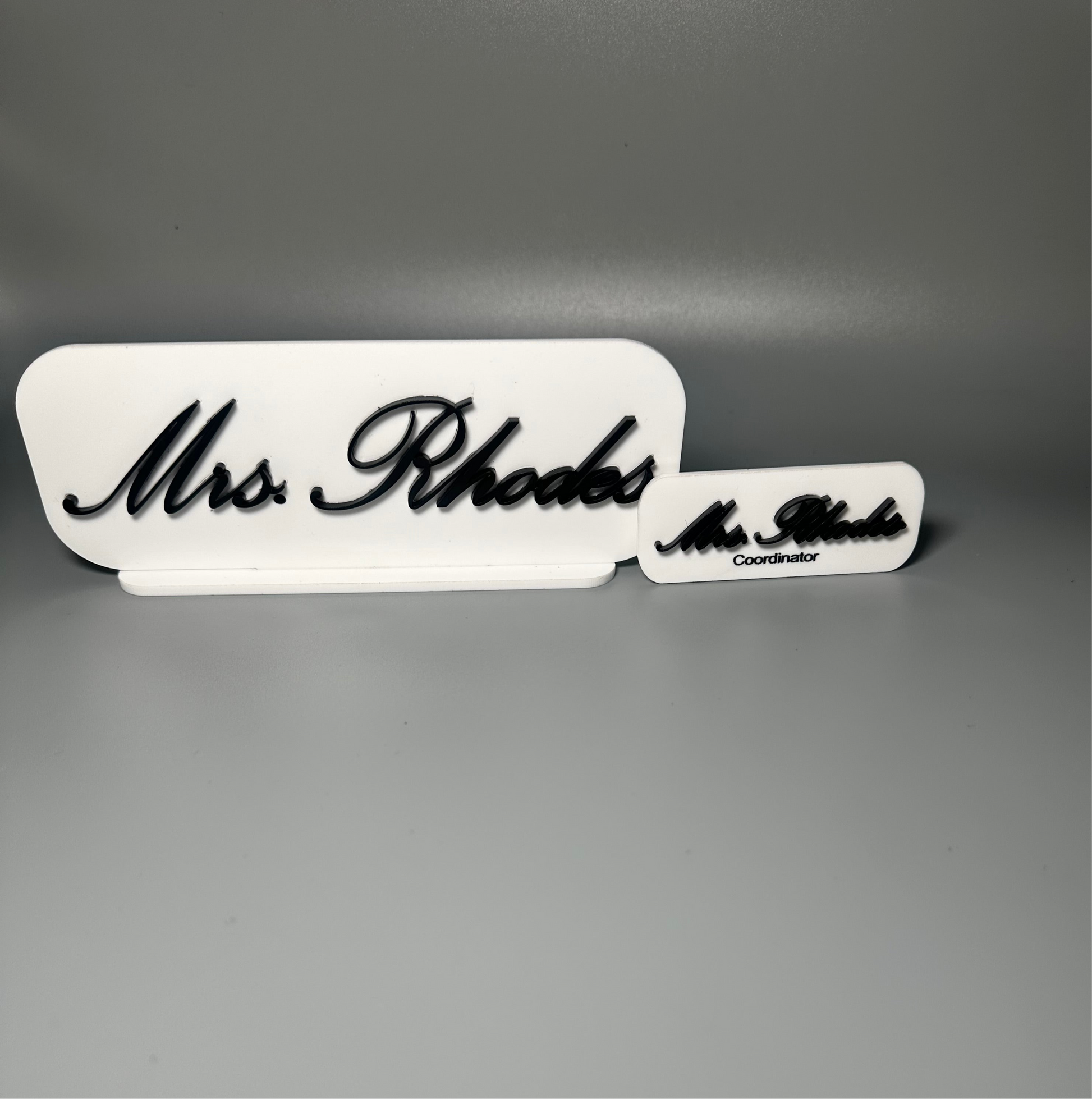 teacher desk sign, acrylic sign for teacher, educator gift, custom acrylic gifts, atlanta educators, teacher appreciation gift, school nametag, school desk sign, atlanta education gifts, frosted white nametag, teacher birthday present, Atlanta educators, Georgia teacher gifts 