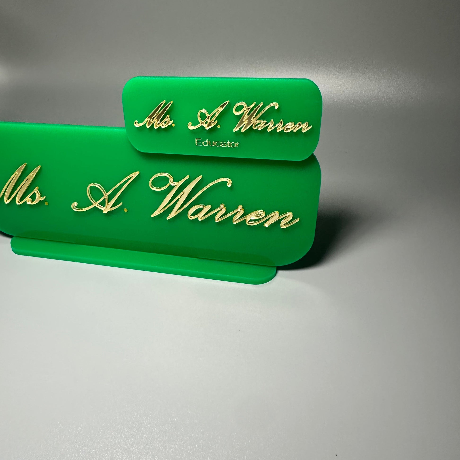 teacher desk sign, acrylic sign for teacher, educator gift, custom acrylic gifts, atlanta educators, teacher appreciation gift, school nametag, school desk sign, atlanta education gifts, frosted white nametag