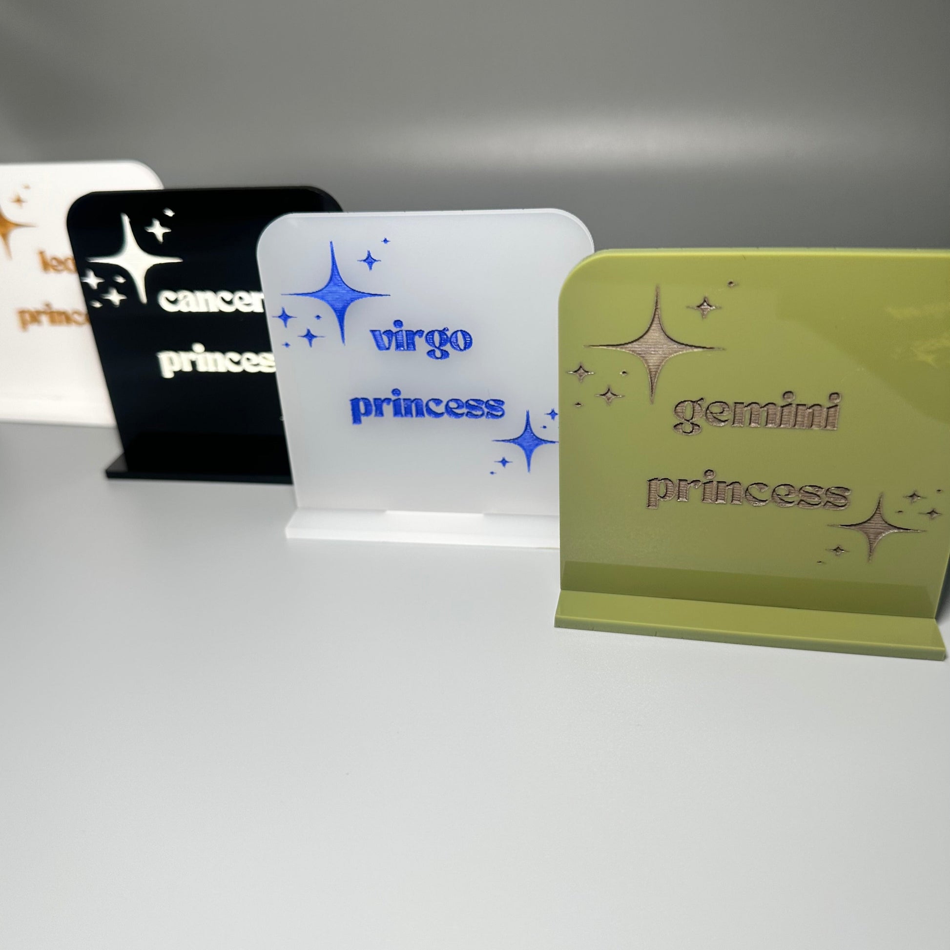 small acrylic table signs, zodiac sign labels, astrology enthusiast gifts, lioness engraving, atlanta party store, atlanta party supplies, geneve atlanta, mini acrylic signs, atlanta sign vendor, atlanta sign designer, acrylic signs in atlanta, online party suppl store atl, gifts for her, lioness engraving etsy, lionessengraving.com, gifts under 10