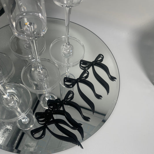 bow drink tags, bow decor, black bow party decor, party decor, a tini bit older decor, acrylic bow drink tags, drink tags for parties, graduation season, party favors, bachelorette party decor, birthday party decor, black bow decor, black party decor, coquette themed decor, part ideas, cutesy party ideas 