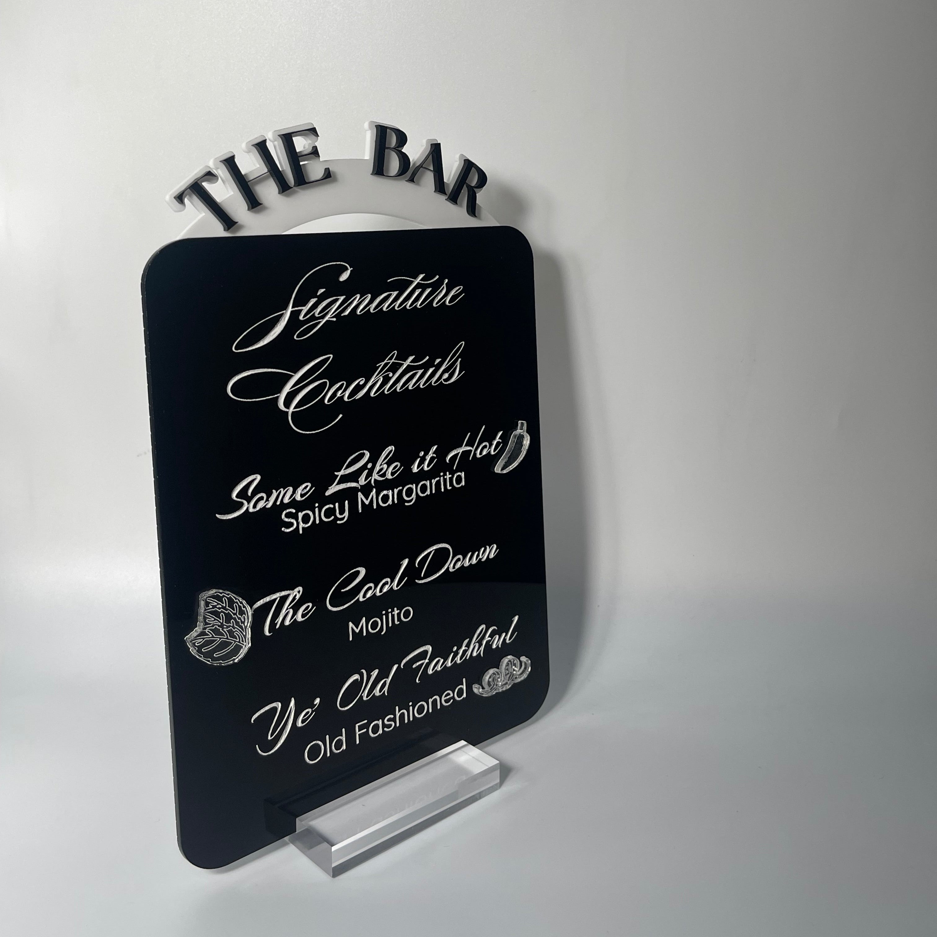 custom bar menu, bar menu, party ideas, signature cocktails, atlanta bar menu, acrylic sign for party, atl party decor, atlanta party rentals, event space, event decor, custom party decor, open bar sign, specialty cocktails, specialty mocktails, wedding bar menu, his and hers bar menu, minimalist party decor, table menu, wedding reception, anniversary menu, themed party decor, bar menu, acrylic bar menu