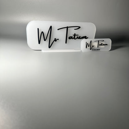 teacher desk sign, acrylic sign for teacher, educator gift, custom acrylic gifts, atlanta educators, teacher appreciation gift, school nametag, school desk sign, atlanta education gifts, frosted white nametag