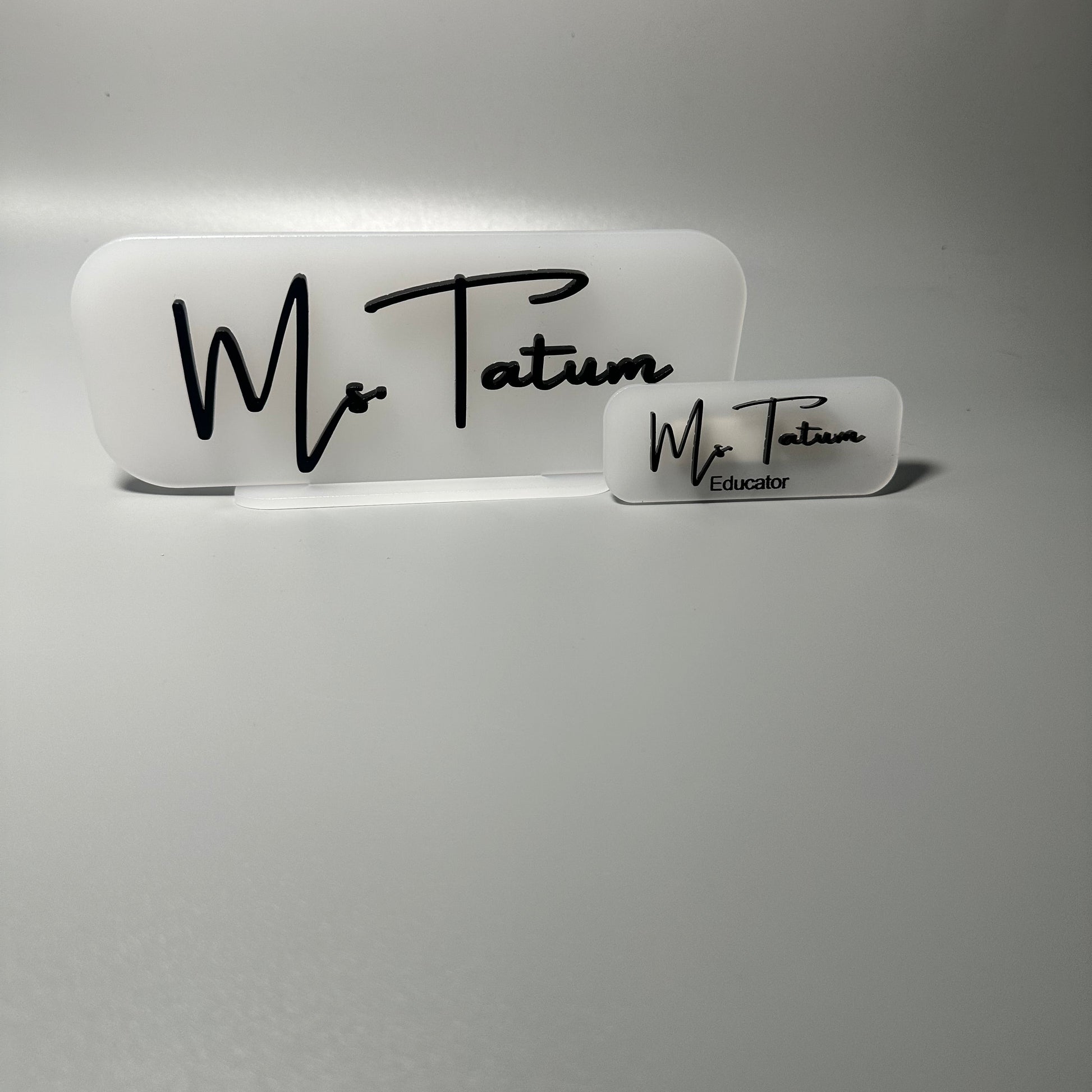 teacher desk sign, acrylic sign for teacher, educator gift, custom acrylic gifts, atlanta educators, teacher appreciation gift, school nametag, school desk sign, atlanta education gifts, frosted white nametag, teacher birthday present, Atlanta educators, Georgia teacher gifts 