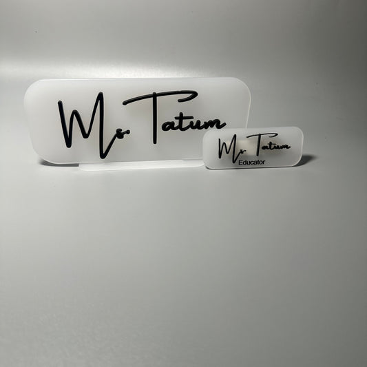 teacher desk sign, acrylic sign for teacher, educator gift, custom acrylic gifts, atlanta educators, teacher appreciation gift, school nametag, school desk sign, atlanta education gifts, frosted white nametag, teacher birthday present, Atlanta educators, Georgia teacher gifts 