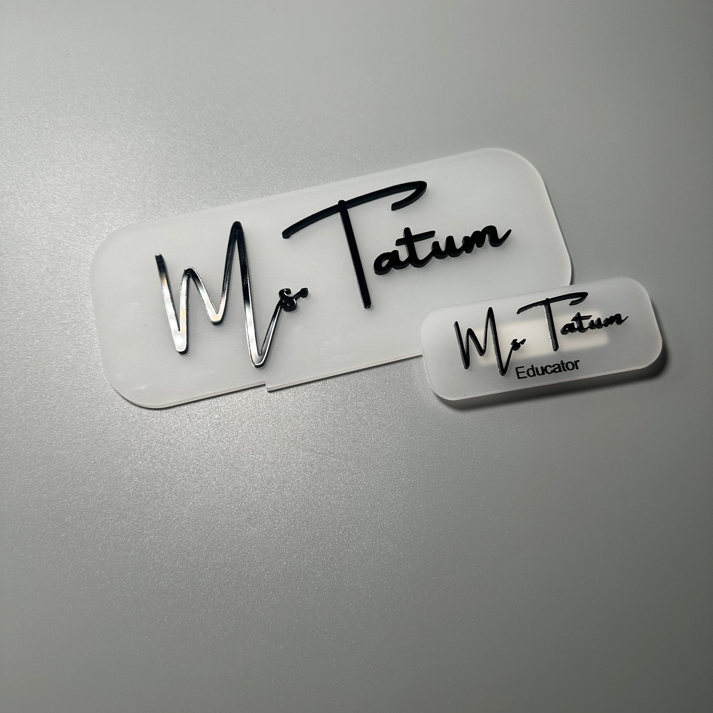 teacher desk sign, acrylic sign for teacher, educator gift, custom acrylic gifts, atlanta educators, teacher appreciation gift, school nametag, school desk sign, atlanta education gifts, frosted white nametag