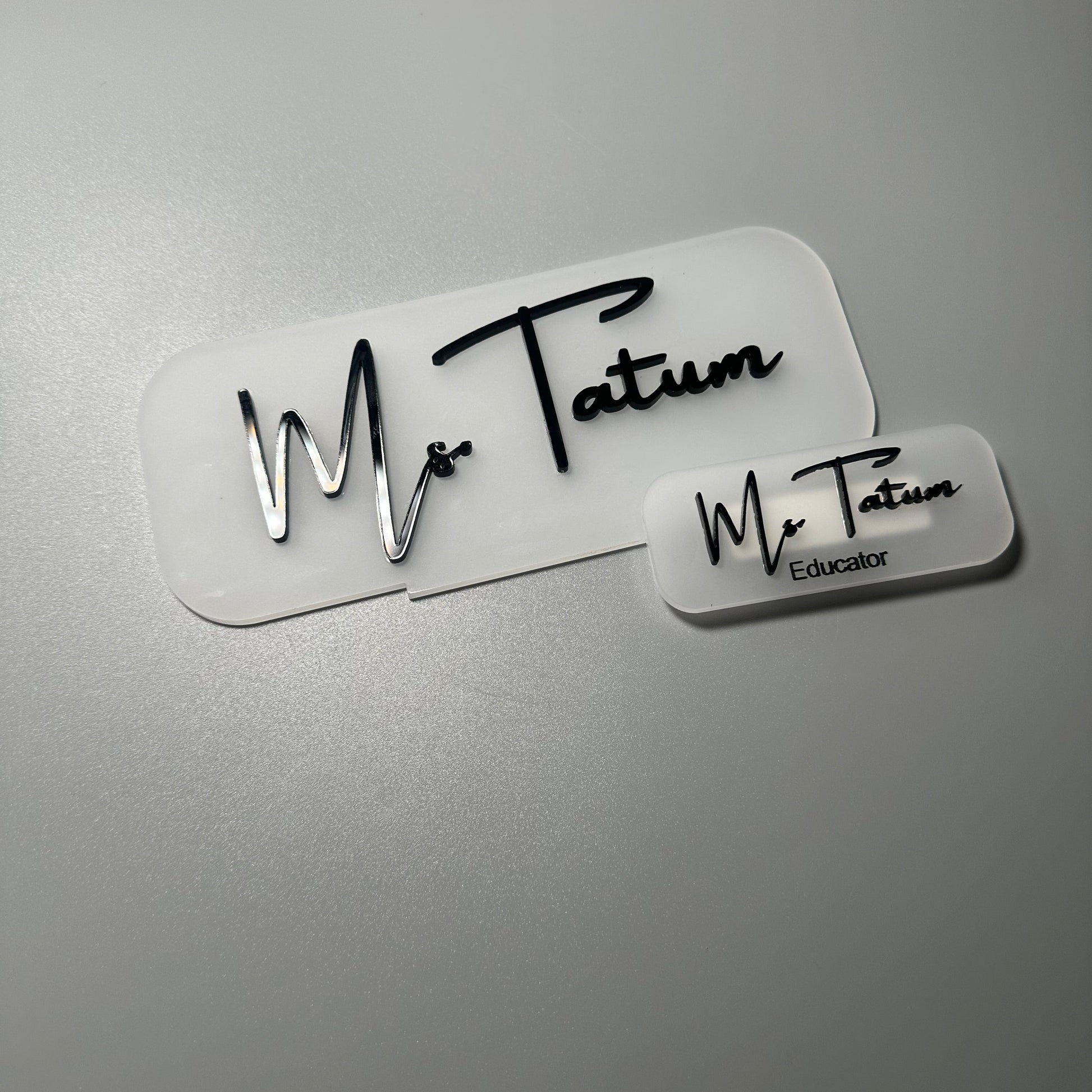 teacher desk sign, acrylic sign for teacher, educator gift, custom acrylic gifts, atlanta educators, teacher appreciation gift, school nametag, school desk sign, atlanta education gifts, frosted white nametag