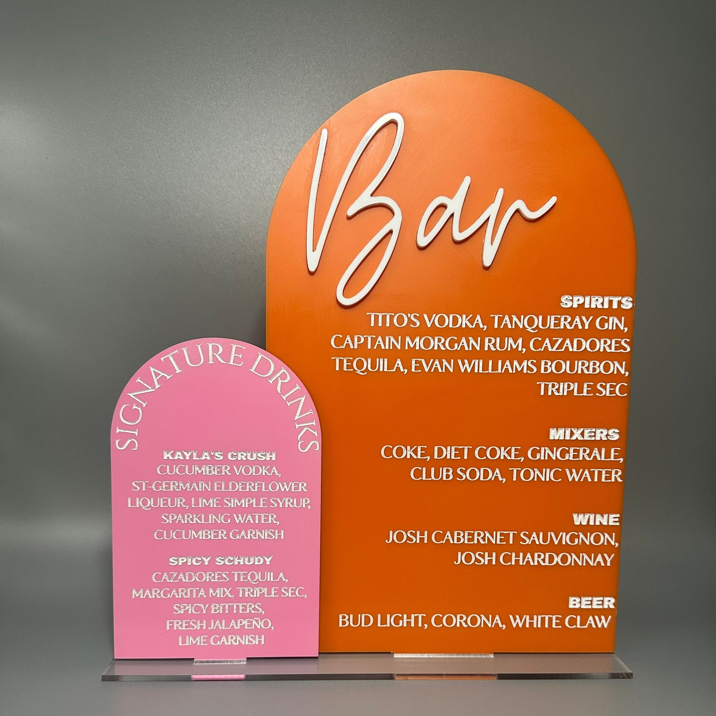 acrylic bar sign, party signage, drink menu, signature cocktail, wedding bar menu, hand painted bar sign, signature drinks, mobile bar sign, mobile bar menu, graduation party, bridal shower decor, party decor, open bar menu, drinks on us, bartender, mobile bartending