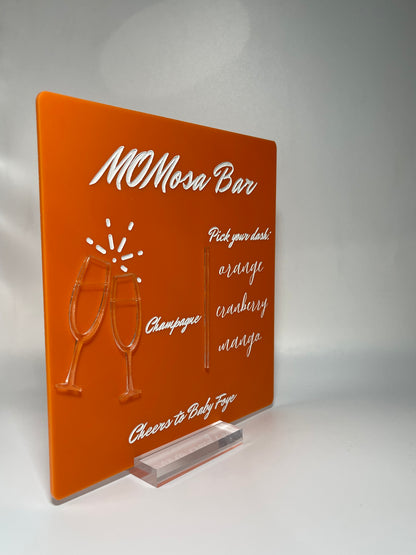 momosa bar, mimosa bar, bar sign, party sign, signature cocktail menu, event decor, mother's day menu, mothers day, acrylic signage for events, atlanta event decor, creative mimosa bar menu, creative baby shower ideas, baby shower ideas, baby shower decor, atlanta event planner, signature cocktail menu