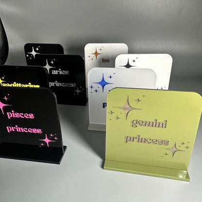small acrylic table signs, zodiac sign labels, astrology enthusiast gifts, lioness engraving, atlanta party store, atlanta party supplies, geneve atlanta, mini acrylic signs, atlanta sign vendor, atlanta sign designer, acrylic signs in atlanta, online party suppl store atl, gifts for her, lioness engraving etsy, lionessengraving.com, gifts under 10