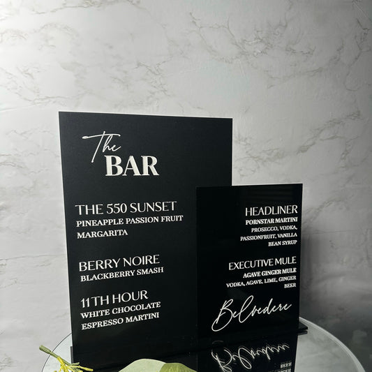 Signature bar menu, bar sign, signature drinks, atlanta drink menu maker, atl drink sign, atlanta, atl event design, atl event coordinator, reception drinks, party ideas, party in atlanta, champagne toast in atlanta, champagne tower in atlanta, crafted cocktail menu, themed bar ideas, classy wedding decor, acrylic signage atlanta, sign vendor in atlanta, mobile bartending in atlanta, mobile bartending in alabama, mobile business sign