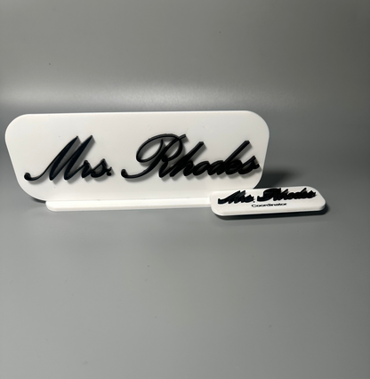 teacher desk sign, acrylic sign for teacher, educator gift, custom acrylic gifts, atlanta educators, teacher appreciation gift, school nametag, school desk sign, atlanta education gifts, frosted white nametag, teacher birthday present, Atlanta educators, Georgia teacher gifts 