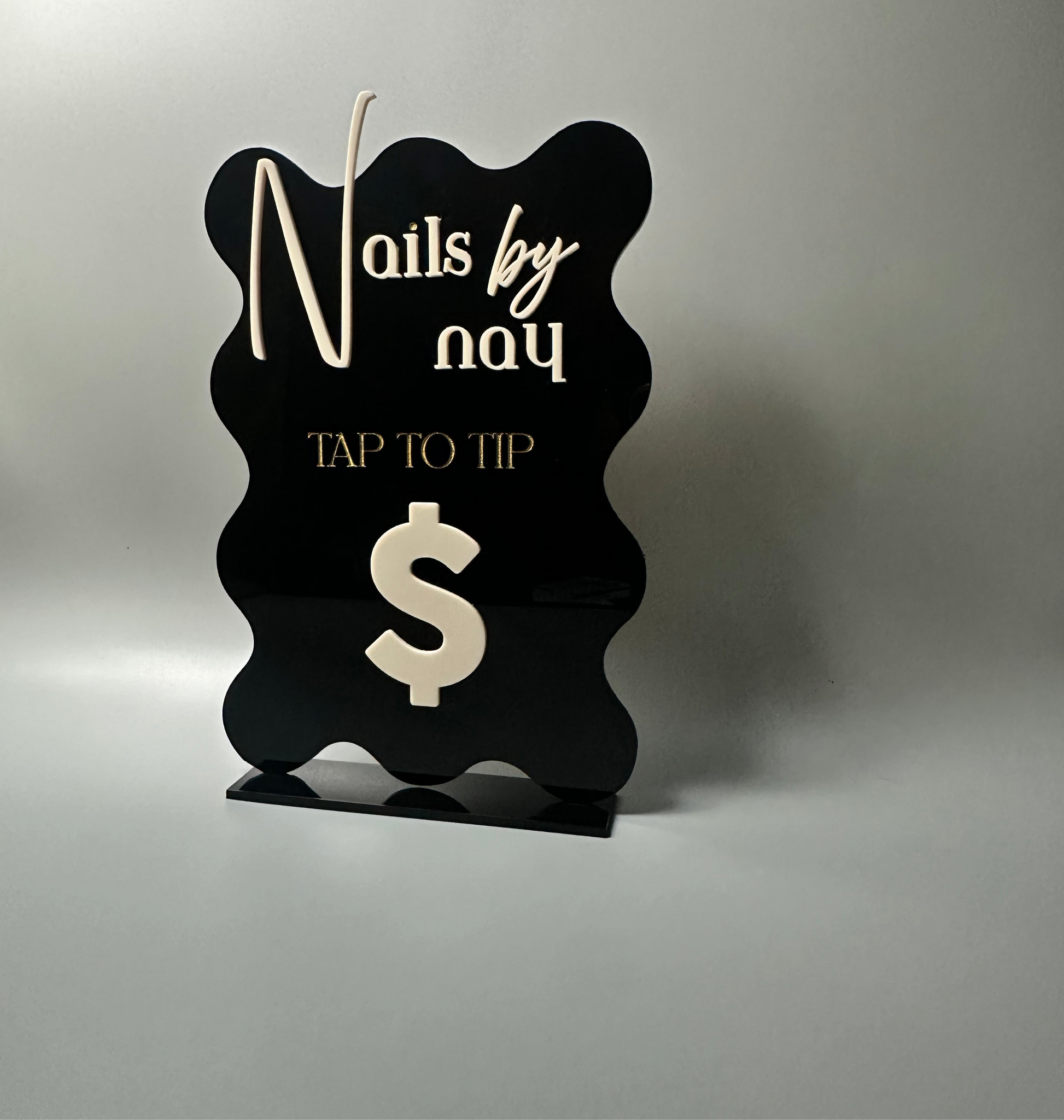 Atlanta sign maker, nfc sign, black squiggle sign for business, professional signage for businesses, small business in Atlanta, Atlanta small business, tap to pay sign, tap to tip signage, mobile bartender in Atlanta, mobile bartender in Tampa, easiest way to get tips, classy bar signage, elegant desk sign