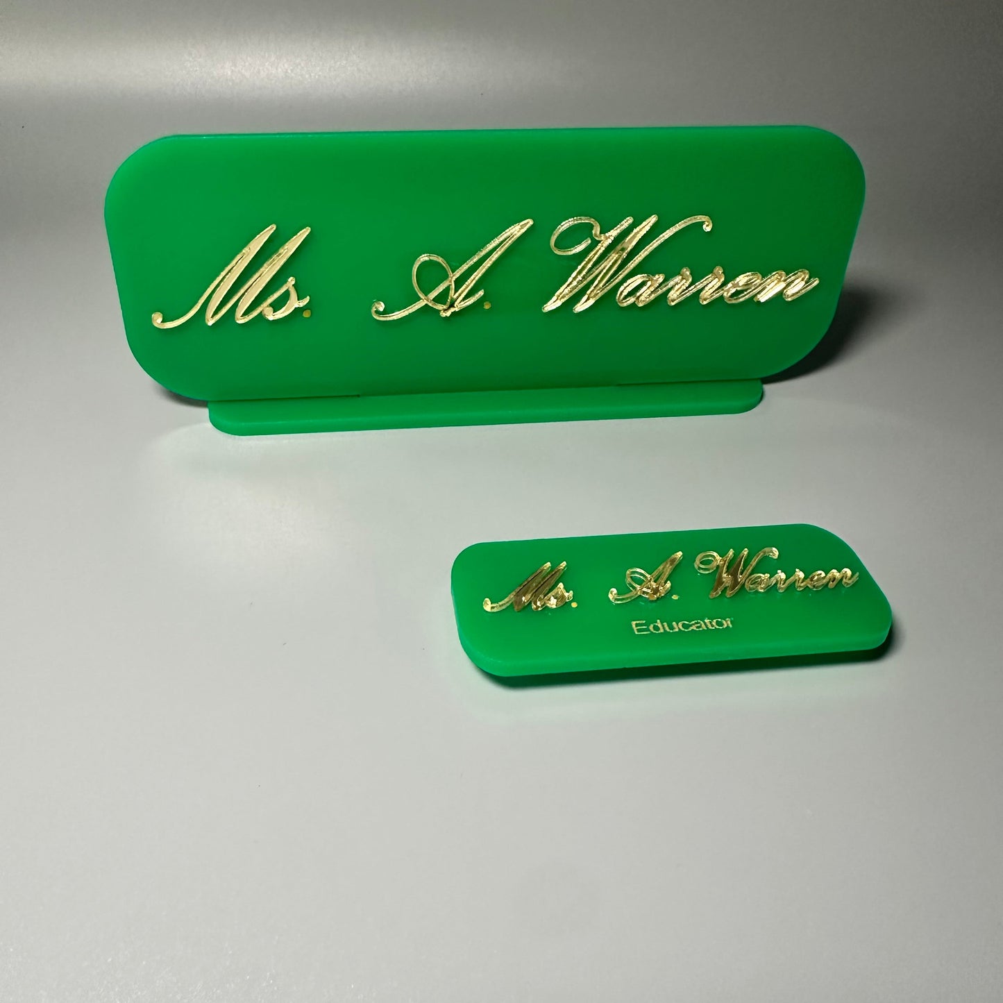 teacher desk sign, acrylic sign for teacher, educator gift, custom acrylic gifts, atlanta educators, teacher appreciation gift, school nametag, school desk sign, atlanta education gifts, frosted white nametag