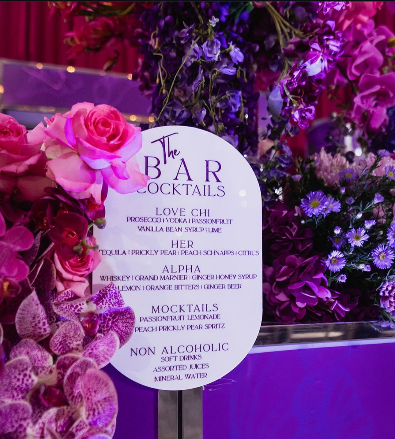 white and purple bar menu, custom cocktail menu for parties, signature cocktail menu, custom acrylic menu, engraved menu for party, event vendor in atlanta, event planning in dallas, event stylist in atlanta, event stylist in austin, wedding vendors in los angeles