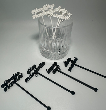 drink name stirrers, party decor, custom acrylic drink stirrers white drink stirrers with espresso martini cut out, espresso martini drink stirrers, martini themed party decor, martini themed party, classy drink decor, drink accessories, drink tags, martini party, minimalist party decor, party vendor atlanta, party vendor miami, acrylic sign vendor, swizzle sticks, mobile bartender set up, mobile bartender must haves, elevate your bar set up