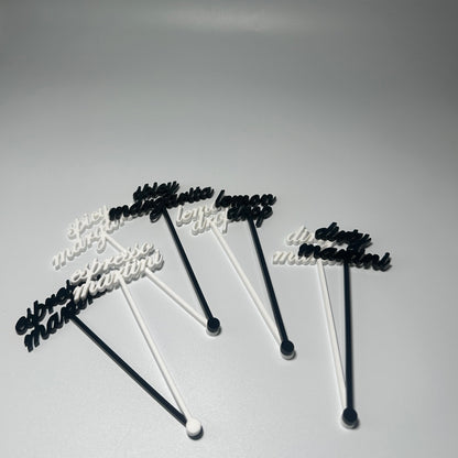 drink name stirrers, party decor, custom acrylic drink stirrers white drink stirrers with espresso martini cut out, espresso martini drink stirrers, martini themed party decor, martini themed party, classy drink decor, drink accessories, drink tags, martini party, minimalist party decor, party vendor atlanta, party vendor miami, acrylic sign vendor, swizzle sticks, mobile bartender set up, mobile bartender must haves, elevate your bar set up