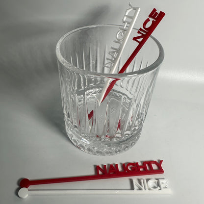 naughty or nice, santa's list, holiday party decor, adult holiday party, drink stirrers for christmas, Krampusnacht stirrers, naughty stirrers, nice stirrers, custom party decor, custom party favors, holiday party favors, acrylic drink sticks, drink charms for party, online party supply store, atlanta party supplies