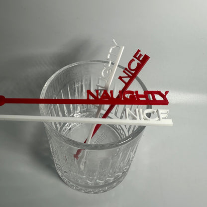 naughty or nice, santa's list, holiday party decor, adult holiday party, drink stirrers for christmas, Krampusnacht stirrers, naughty stirrers, nice stirrers, custom party decor, custom party favors, holiday party favors, acrylic drink sticks, drink charms for party, online party supply store, atlanta party supplies