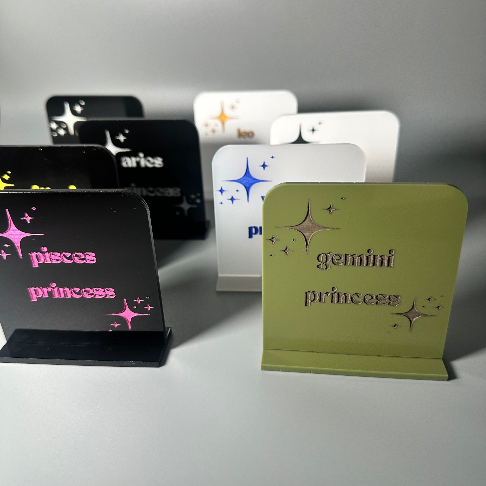 small acrylic table signs, zodiac sign labels, astrology enthusiast gifts, lioness engraving, atlanta party store, atlanta party supplies, geneve atlanta, mini acrylic signs, atlanta sign vendor, atlanta sign designer, acrylic signs in atlanta, online party suppl store atl, gifts for her, lioness engraving etsy, lionessengraving.com, gifts under 10