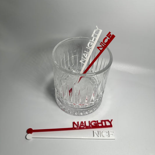 naughty or nice, santa's list, holiday party decor, adult holiday party, drink stirrers for christmas, Krampusnacht stirrers, naughty stirrers, nice stirrers, custom party decor, custom party favors, holiday party favors, acrylic drink sticks, drink charms for party, online party supply store, atlanta party supplies