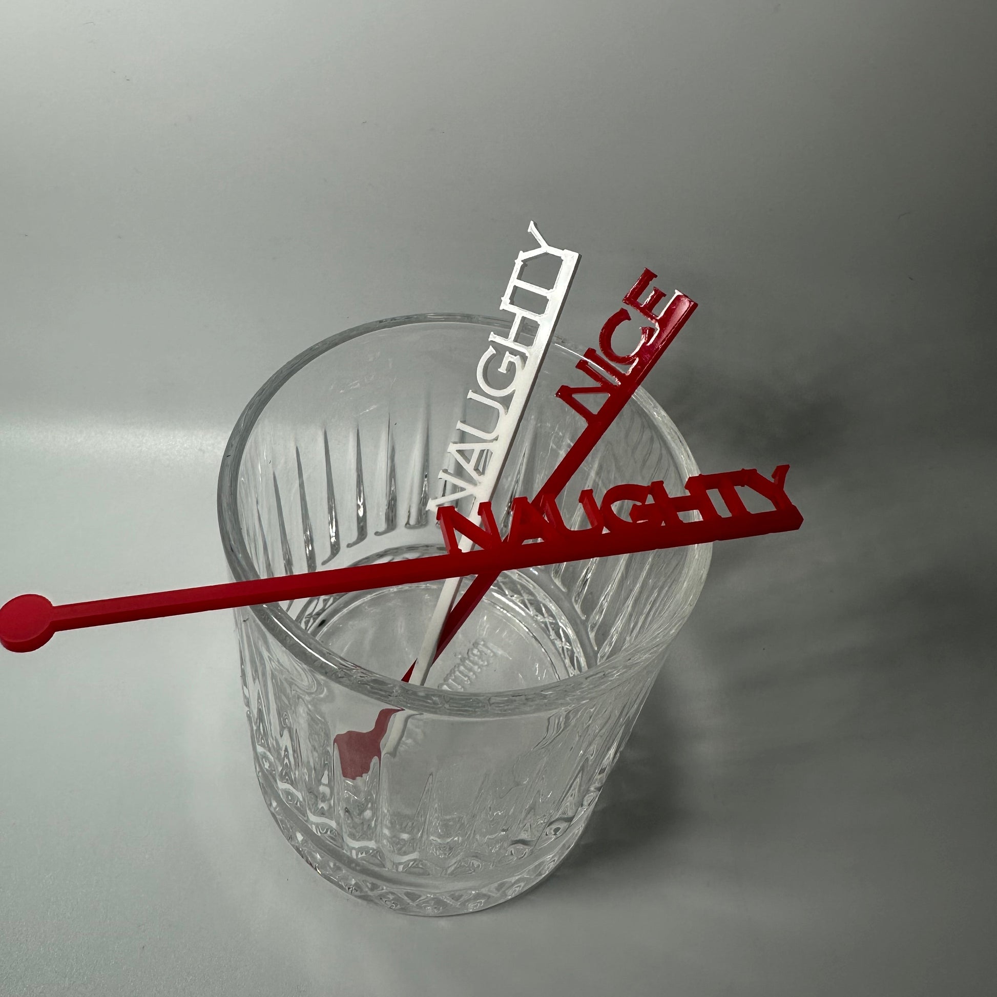 naughty or nice, santa's list, holiday party decor, adult holiday party, drink stirrers for christmas, Krampusnacht stirrers, naughty stirrers, nice stirrers, custom party decor, custom party favors, holiday party favors, acrylic drink sticks, drink charms for party, online party supply store, atlanta party supplies